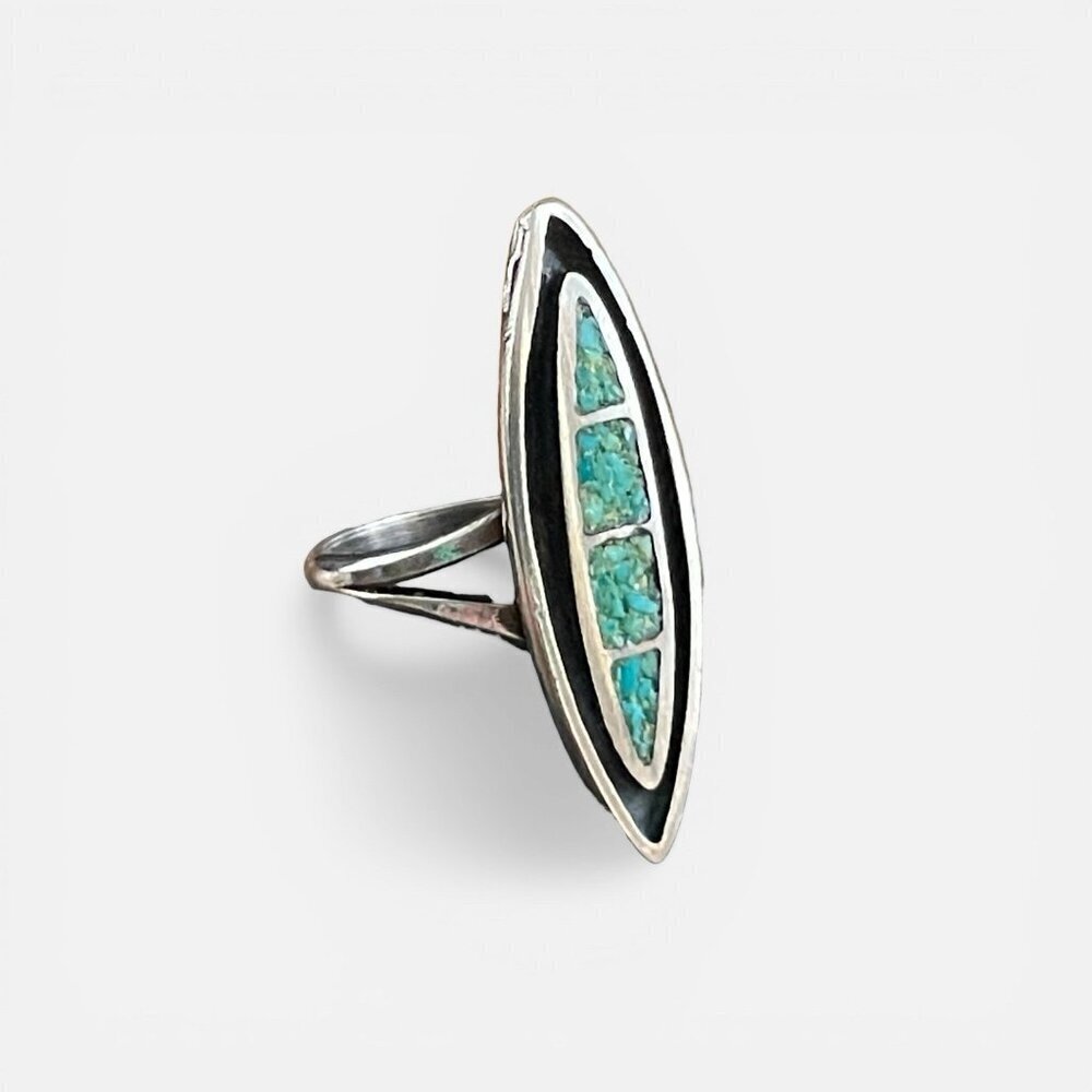 Vintage Native American Old Pawn Ring Sz 6 3/4 Sterling Silver Turquoise Inlay